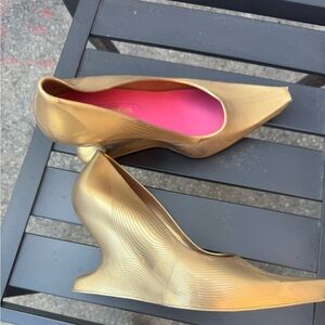 Melissa x Karim Rashid Metallic Gold Sculpted Wedges with Pink Insole